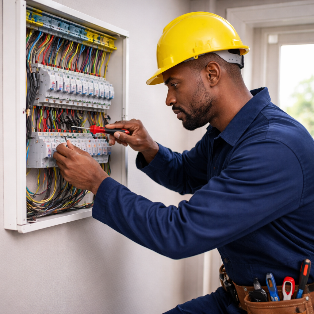 Electrician fixing a circuit breaker
