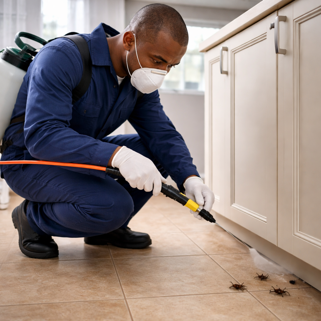 Pest control expert spraying