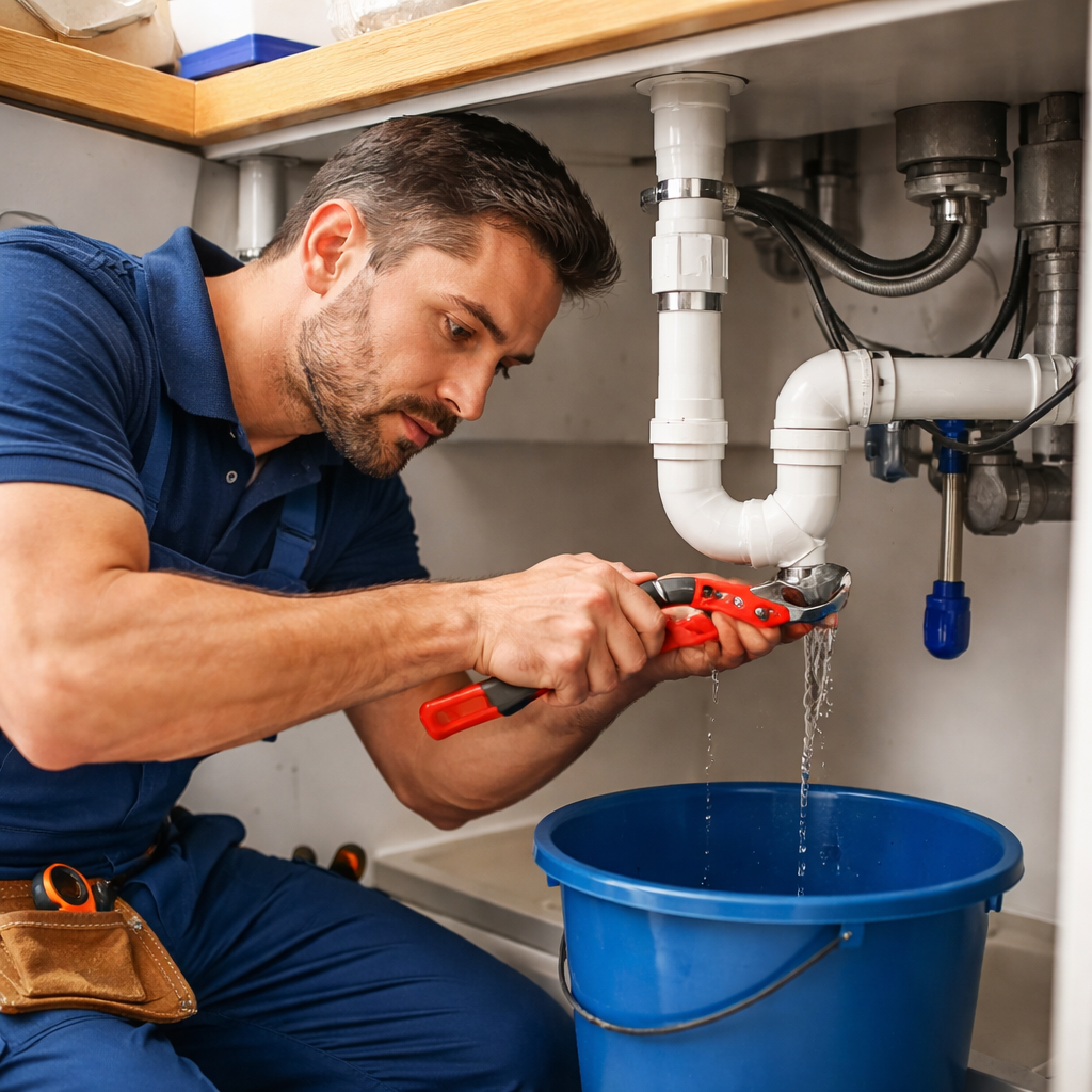 Professional plumber repairing a pipe