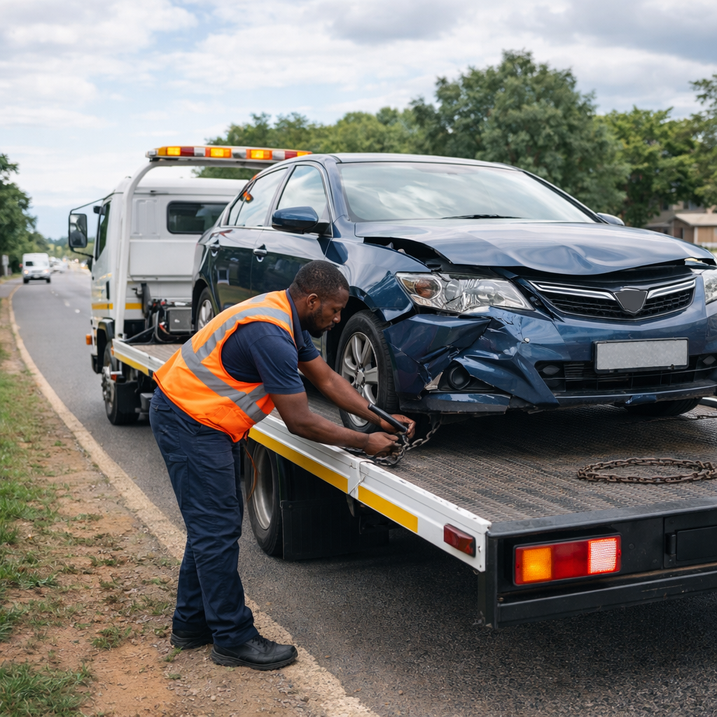 Towing truck assisting a vehicle